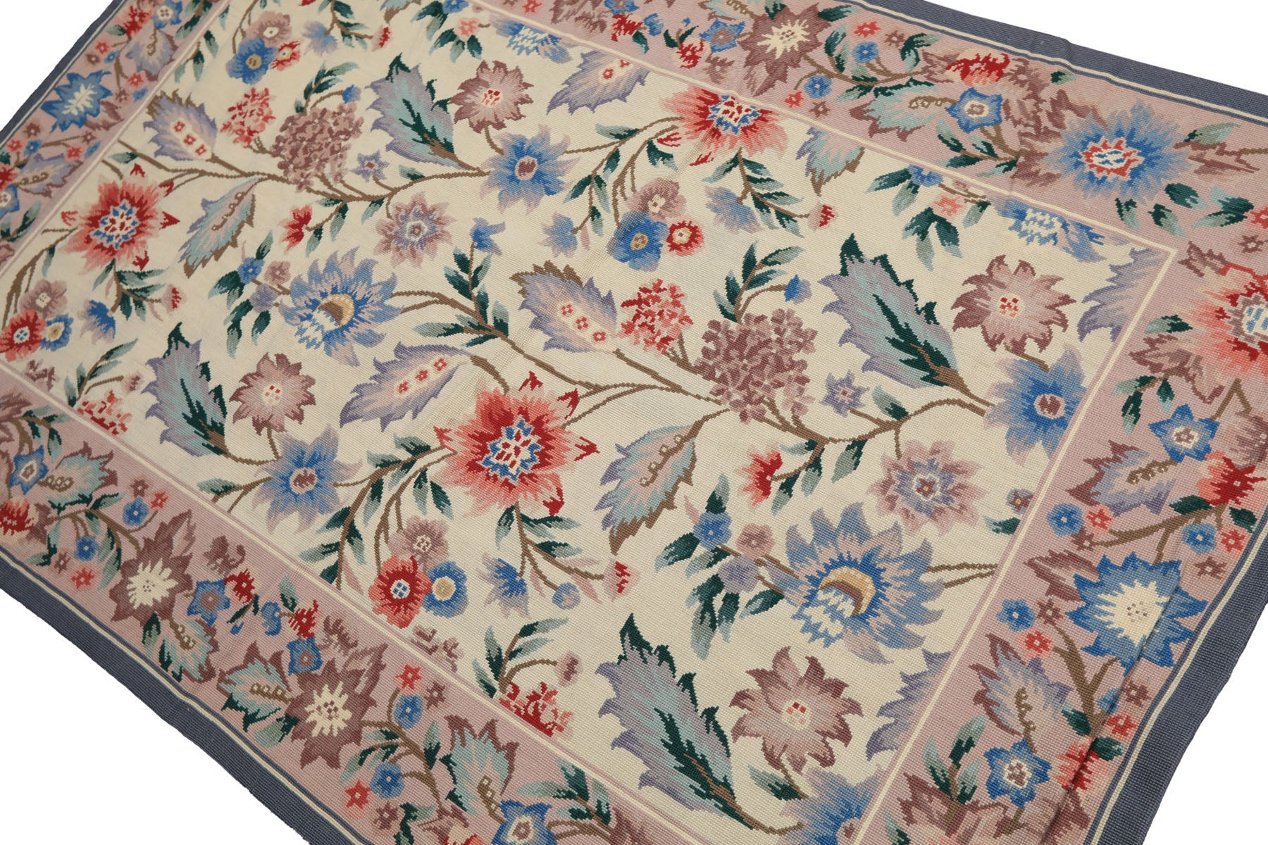 4x6 Ivory, Blush, Blue Color Hand Knotted French Aubusson Needlepoint Wool Traditional Oriental Rug