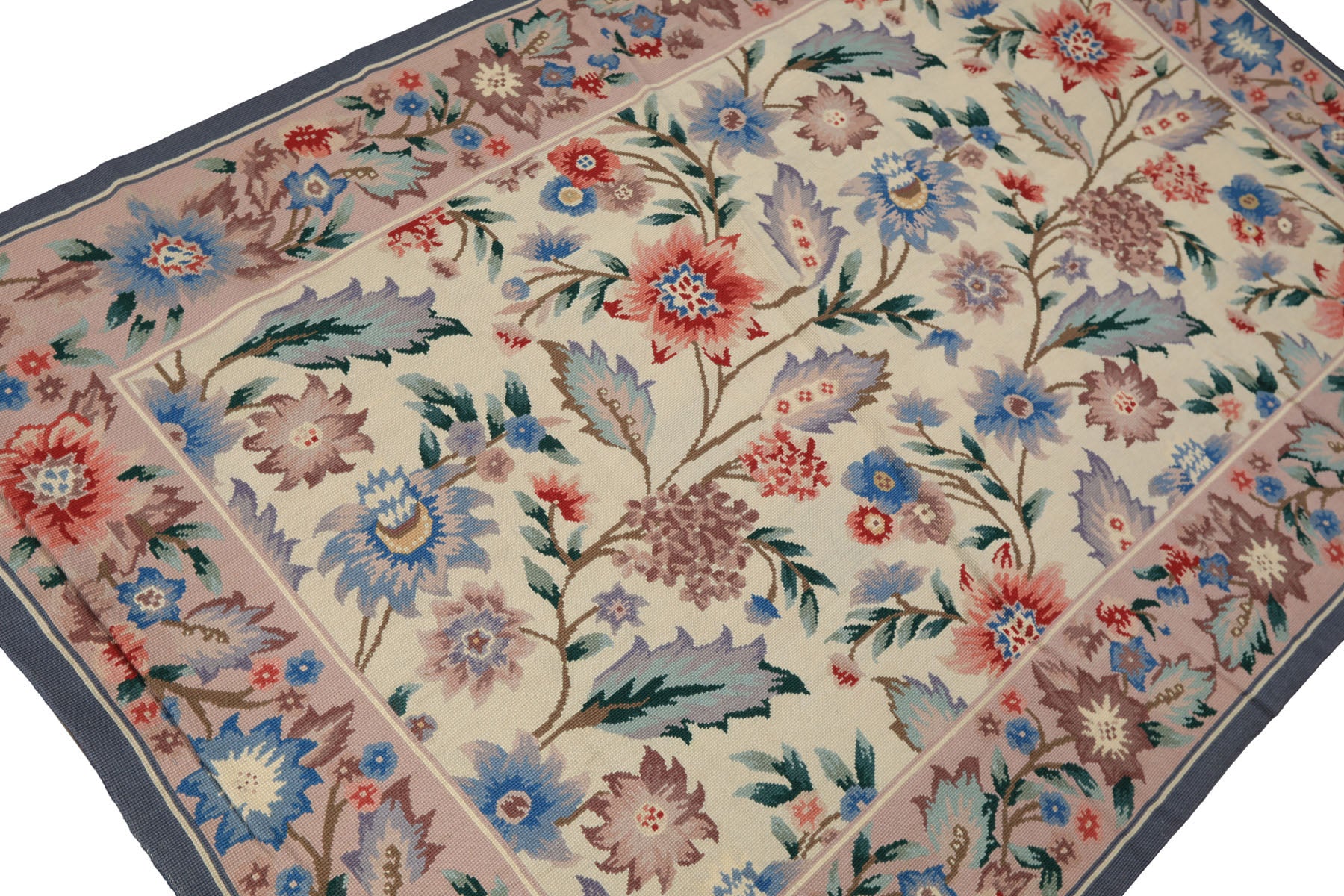 4x6 Ivory, Blush, Blue Color Hand Knotted French Aubusson Needlepoint Wool Traditional Oriental Rug