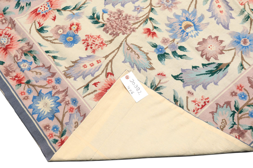 4x6 Ivory, Blush, Blue Color Hand Knotted French Aubusson Needlepoint Wool Traditional Oriental Rug