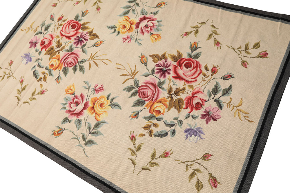 4x6 Ivory, Gray, Black Color Hand Knotted French Aubusson Needlepoint Wool Traditional Oriental Rug