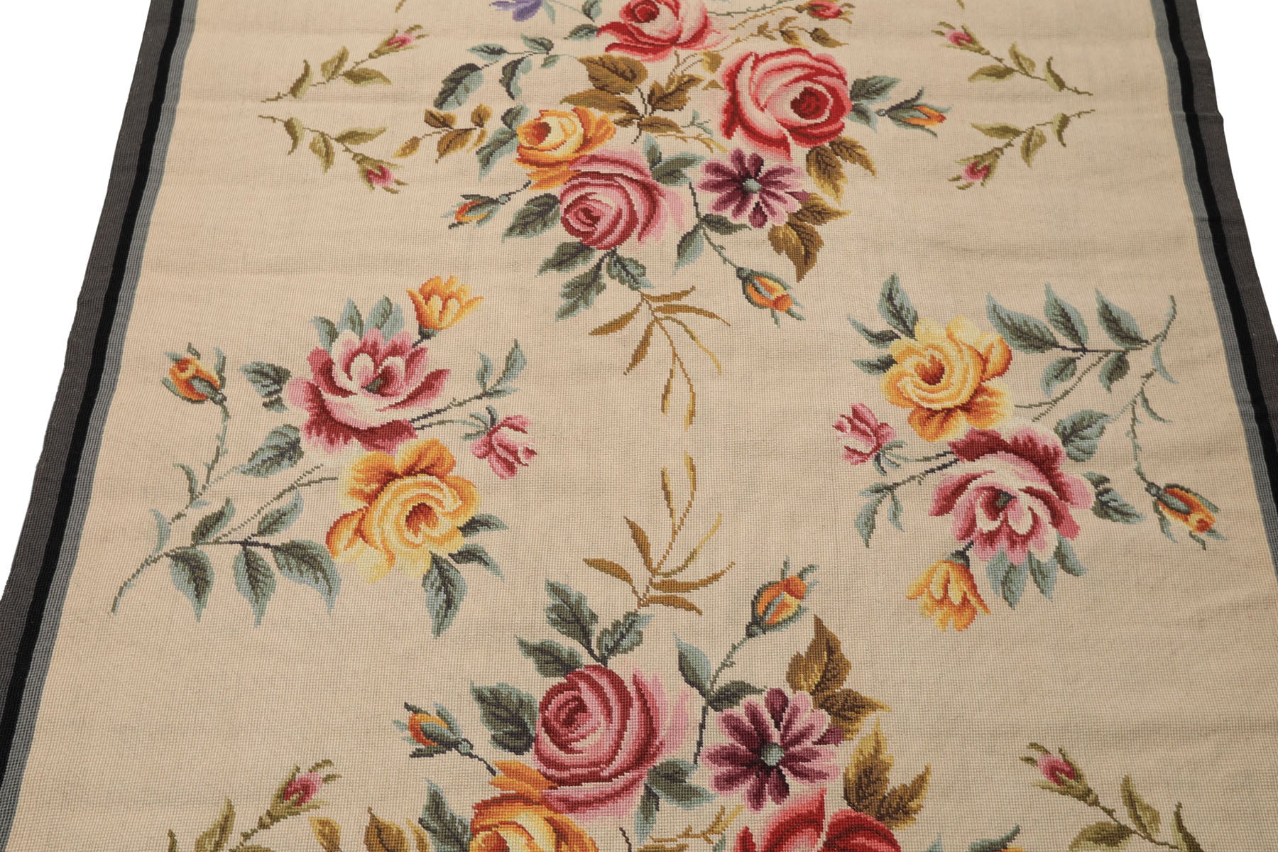 4x6 Ivory, Gray, Black Color Hand Knotted French Aubusson Needlepoint Wool Traditional Oriental Rug