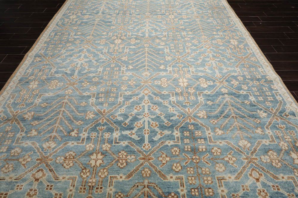 Multi Size Aqua Beige Gray Color Hand Knotted Oushak Wool Transitional Oriental Rug