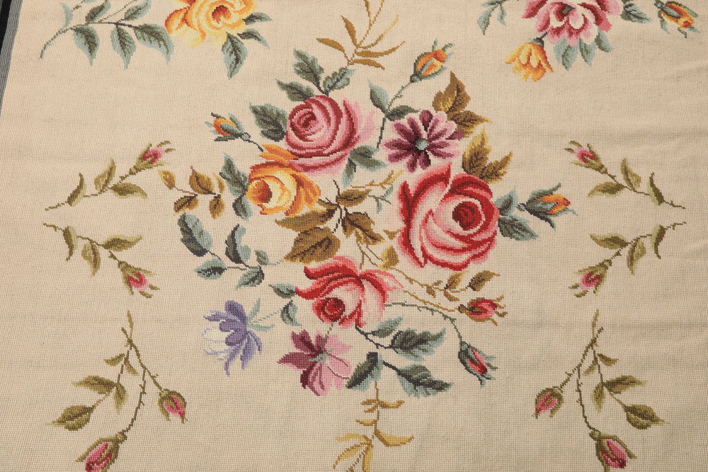 4x6 Ivory, Gray, Black Color Hand Knotted French Aubusson Needlepoint Wool Traditional Oriental Rug
