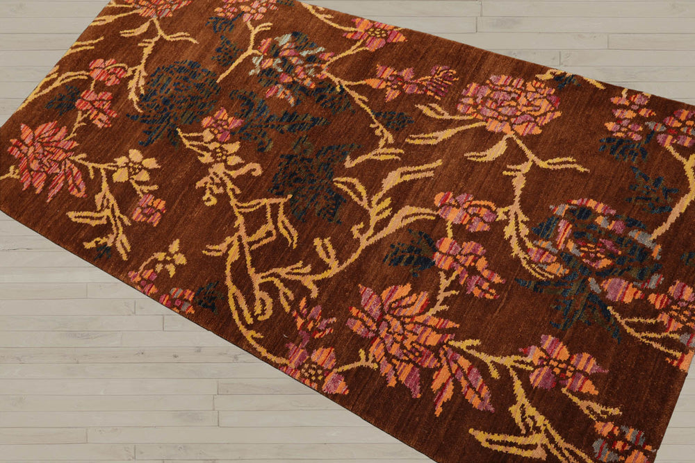 Runner Brown, Gold, Navy Color Hand Knotted  100% Wool Transitional Oriental Rug