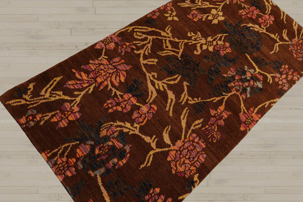 Runner Brown, Gold, Navy Color Hand Knotted  100% Wool Transitional Oriental Rug