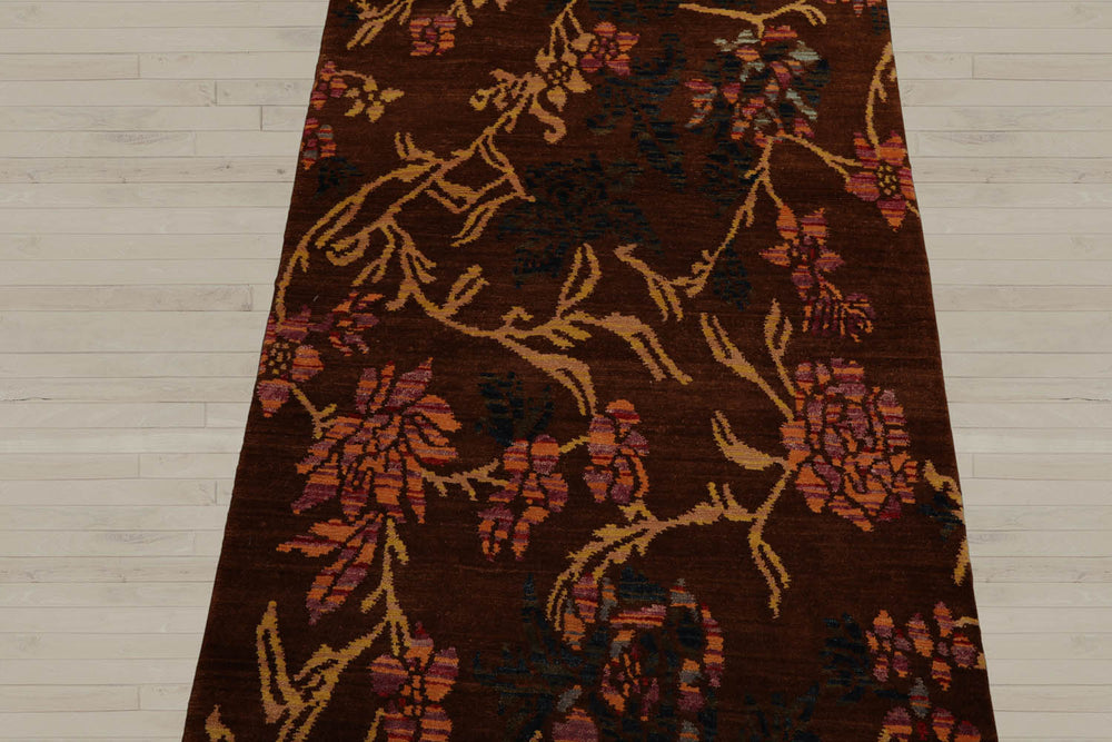Runner Brown, Gold, Navy Color Hand Knotted  100% Wool Transitional Oriental Rug