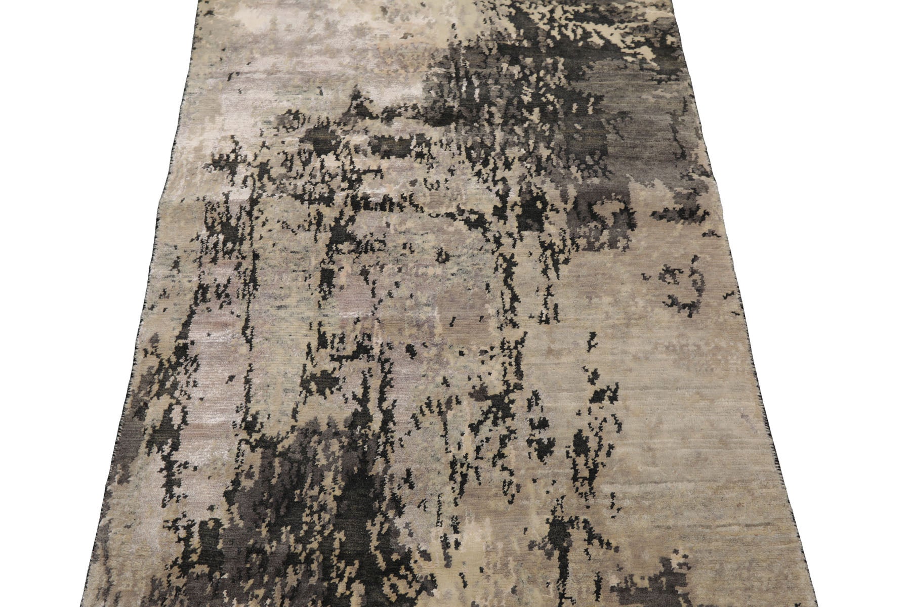 Knotted Rug Gray Ivory Hand Knotted 3'x5' Abstract Modern Contemporary Tibetan Wool and Silk Oriental Area Rug