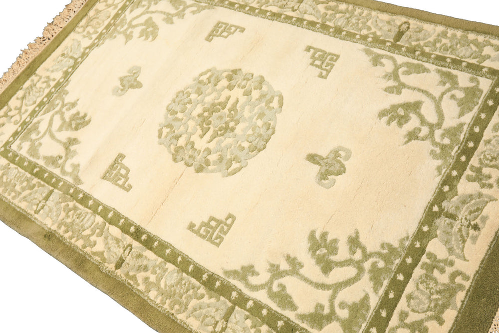 4x6 Ivory, Olive, Green Color Hand Knotted Indo Tibetan Wool  Oriental Rug