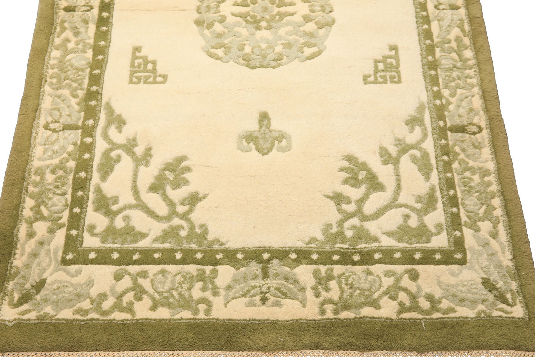 4x6 Ivory, Olive, Green Color Hand Knotted Indo Tibetan Wool  Oriental Rug