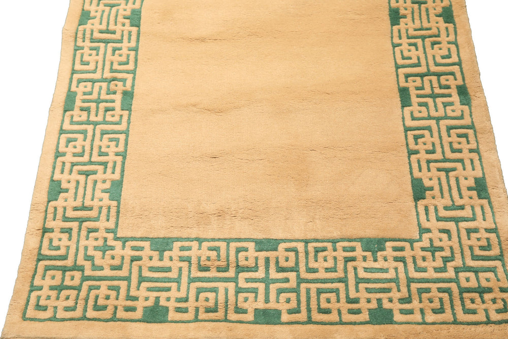 4x6 Tan, Green, Color Hand Knotted Indo Tibetan Wool Transitional Oriental Rug