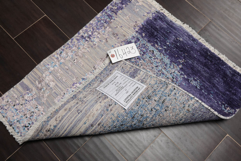 Square Gray, Purple, Ivory Color Hand Knotted  Wool & Silk Modern Oriental Rug