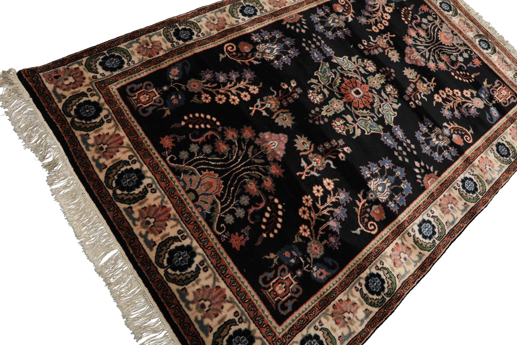 4x6 Black, Ivory, Sage Color Hand Knotted Indo Sarouk New Zealand Wool Traditional Oriental Rug