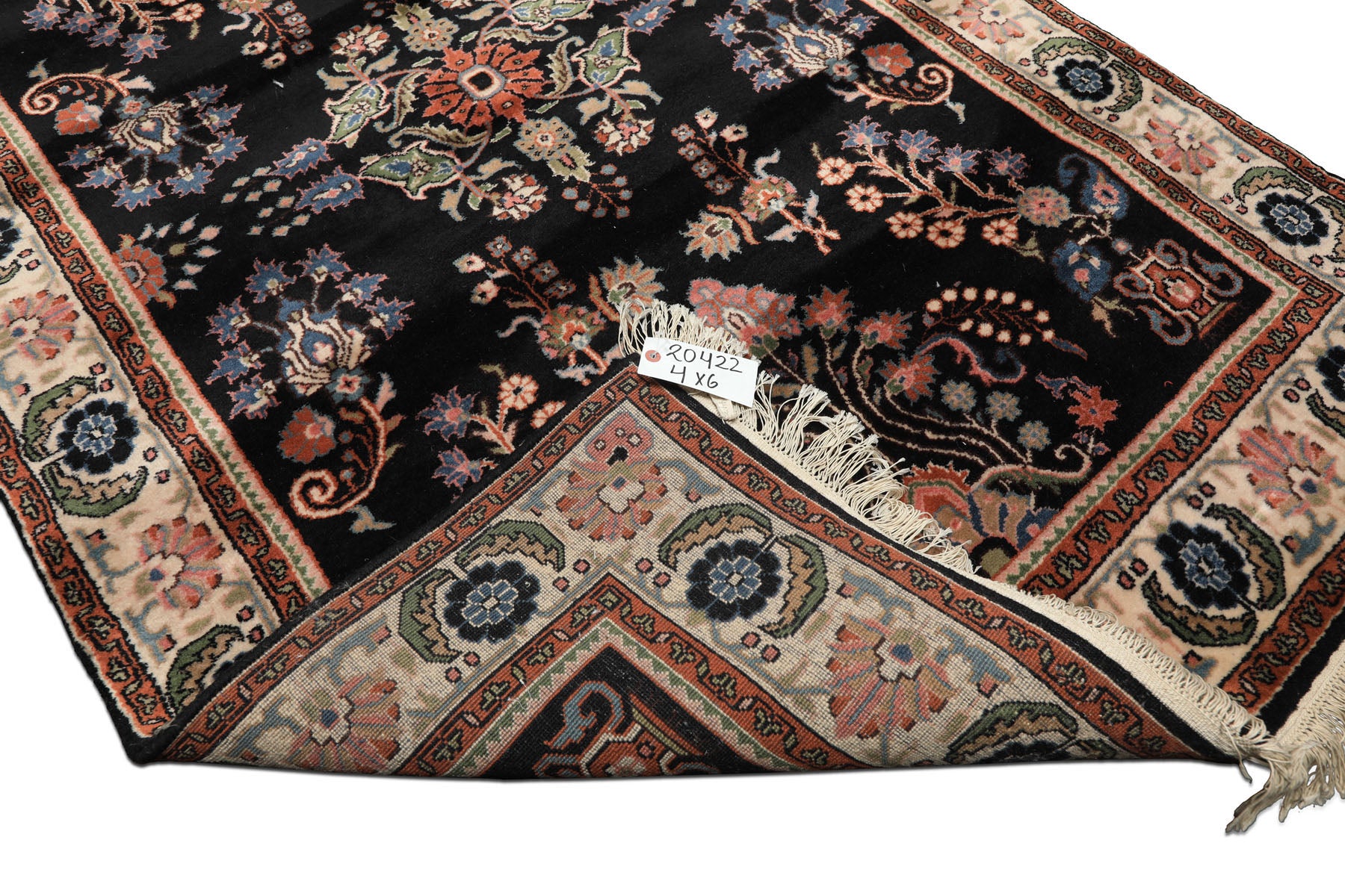 4x6 Black, Ivory, Sage Color Hand Knotted Indo Sarouk New Zealand Wool Traditional Oriental Rug