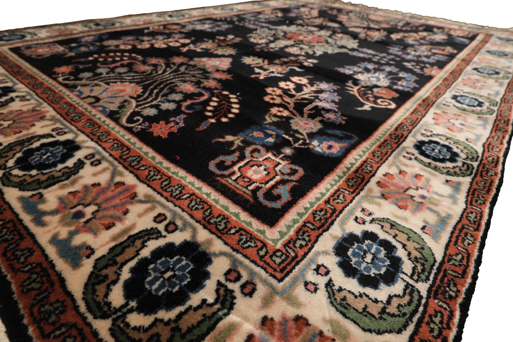 4x6 Black, Ivory, Sage Color Hand Knotted Indo Sarouk New Zealand Wool Traditional Oriental Rug
