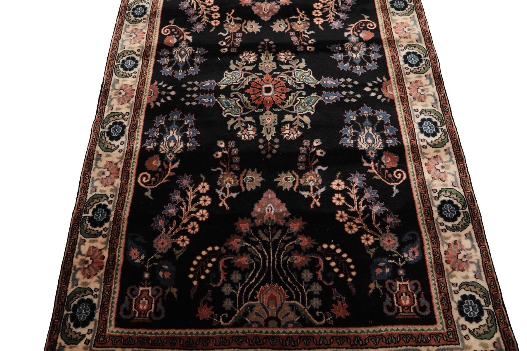 4x6 Black, Ivory, Sage Color Hand Knotted Indo Sarouk New Zealand Wool Traditional Oriental Rug