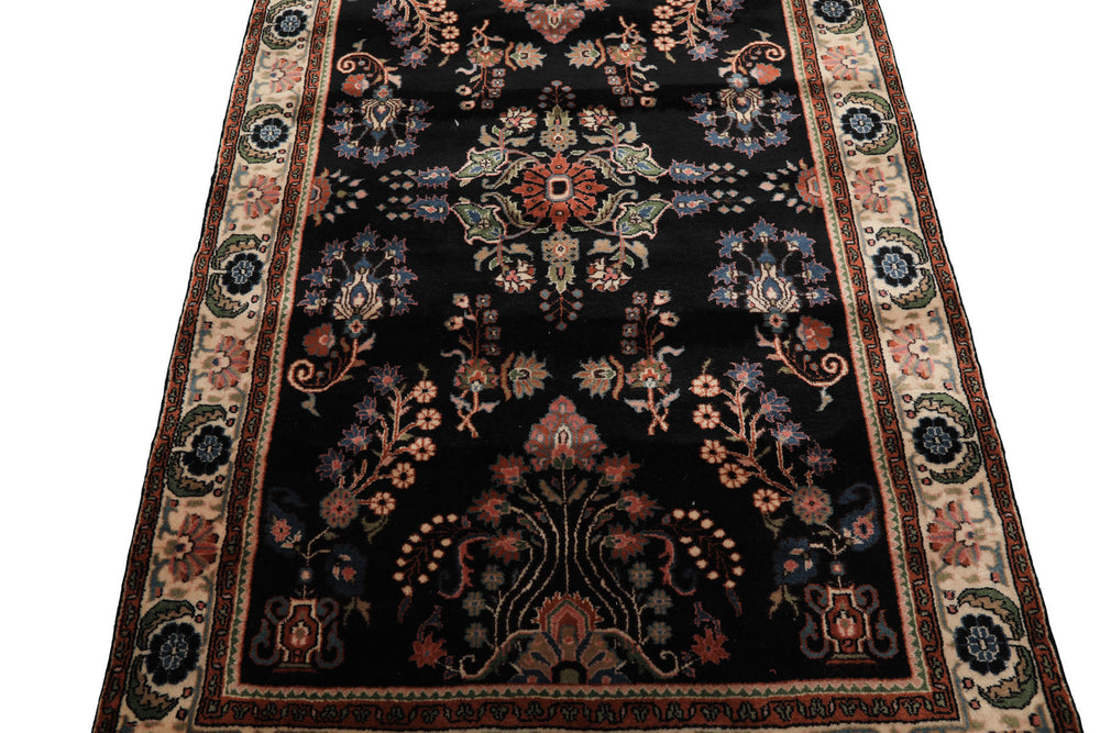 4x6 Black, Ivory, Sage Color Hand Knotted Indo Sarouk New Zealand Wool Traditional Oriental Rug