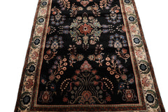 4x6 Black, Ivory, Sage Color Hand Knotted Indo Sarouk New Zealand Wool Traditional Oriental Rug