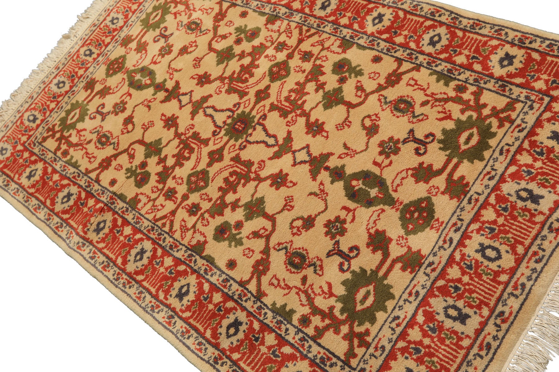 4x6 Ivory, Teracotta, Green Color Hand Knotted Indo Kashan Wool Traditional Oriental Rug