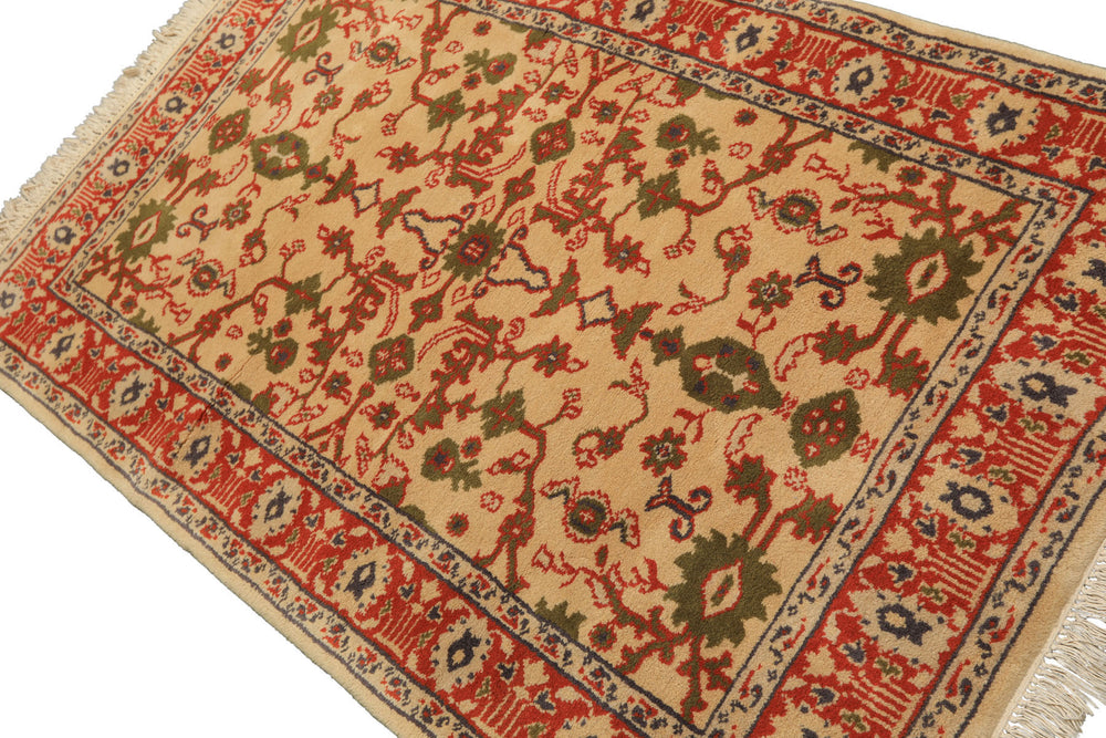 4x6 Ivory, Teracotta, Green Color Hand Knotted Indo Kashan Wool Traditional Oriental Rug