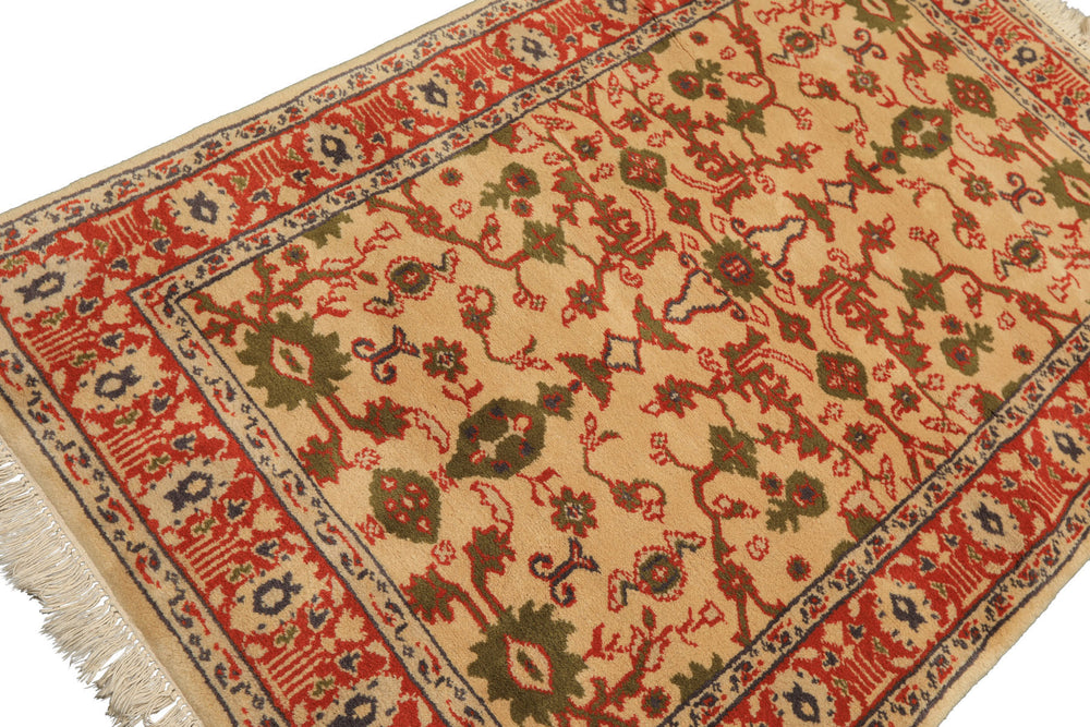 4x6 Ivory, Teracotta, Green Color Hand Knotted Indo Kashan Wool Traditional Oriental Rug