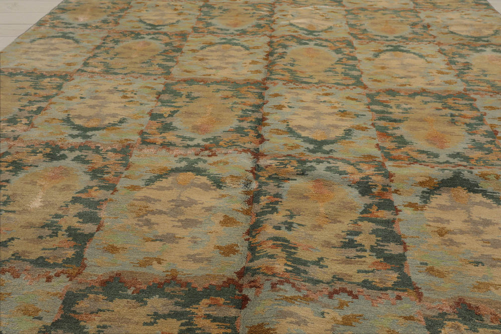 6x9 Aqua, Teal, Gold Color Hand Knotted Tibetan 100% Wool Contemporary Oriental Rug