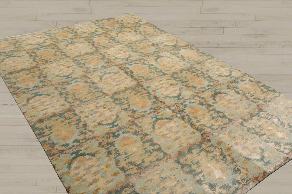 6x9 Aqua, Teal, Gold Color Hand Knotted Tibetan 100% Wool Contemporary Oriental Rug