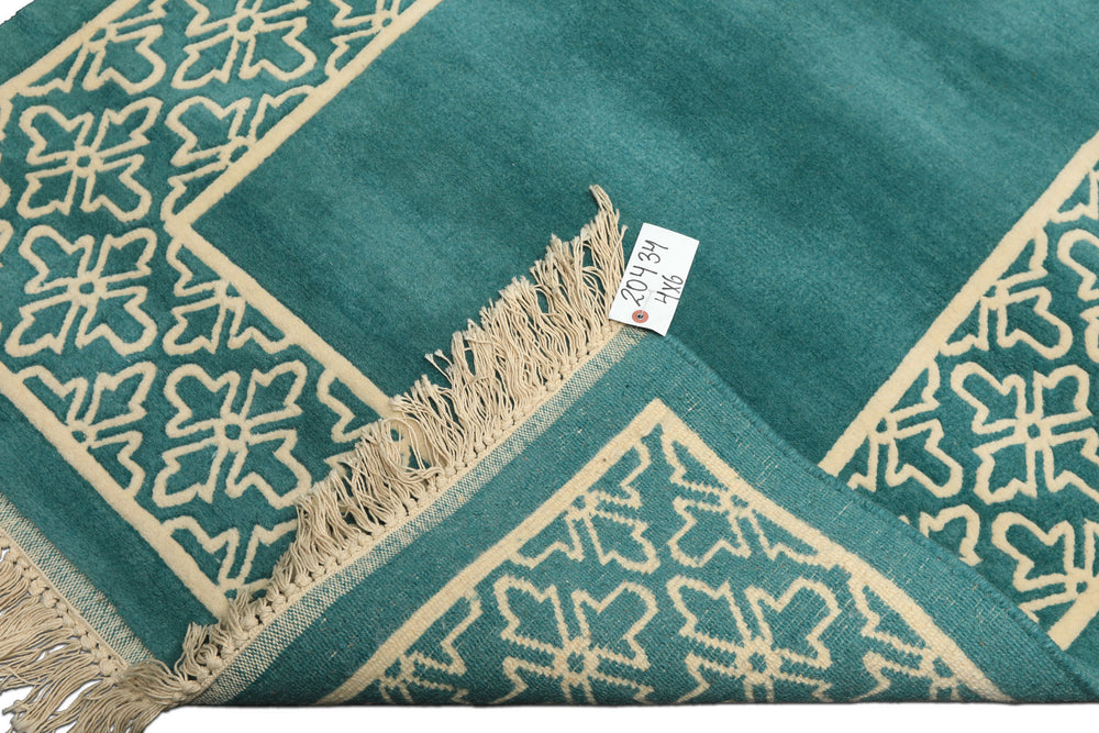 4x6 Turquoise, Ivory, Color Hand Knotted Indo Tibetan Wool Transitional Oriental Rug