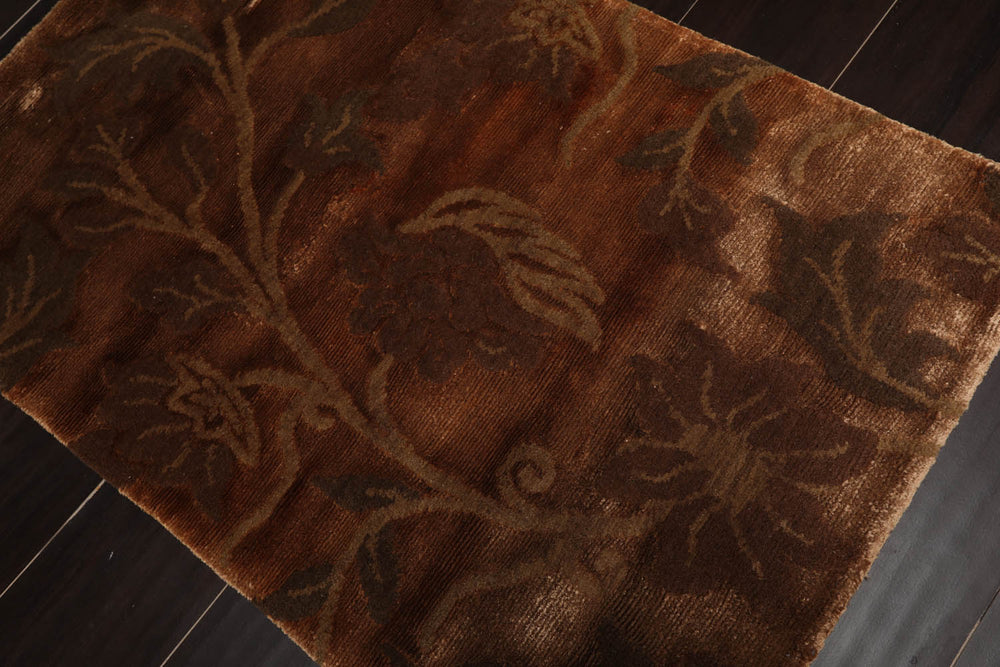 2x3 Brown, Green, Color Hand Knotted  Wool & Silk Transitional Oriental Rug