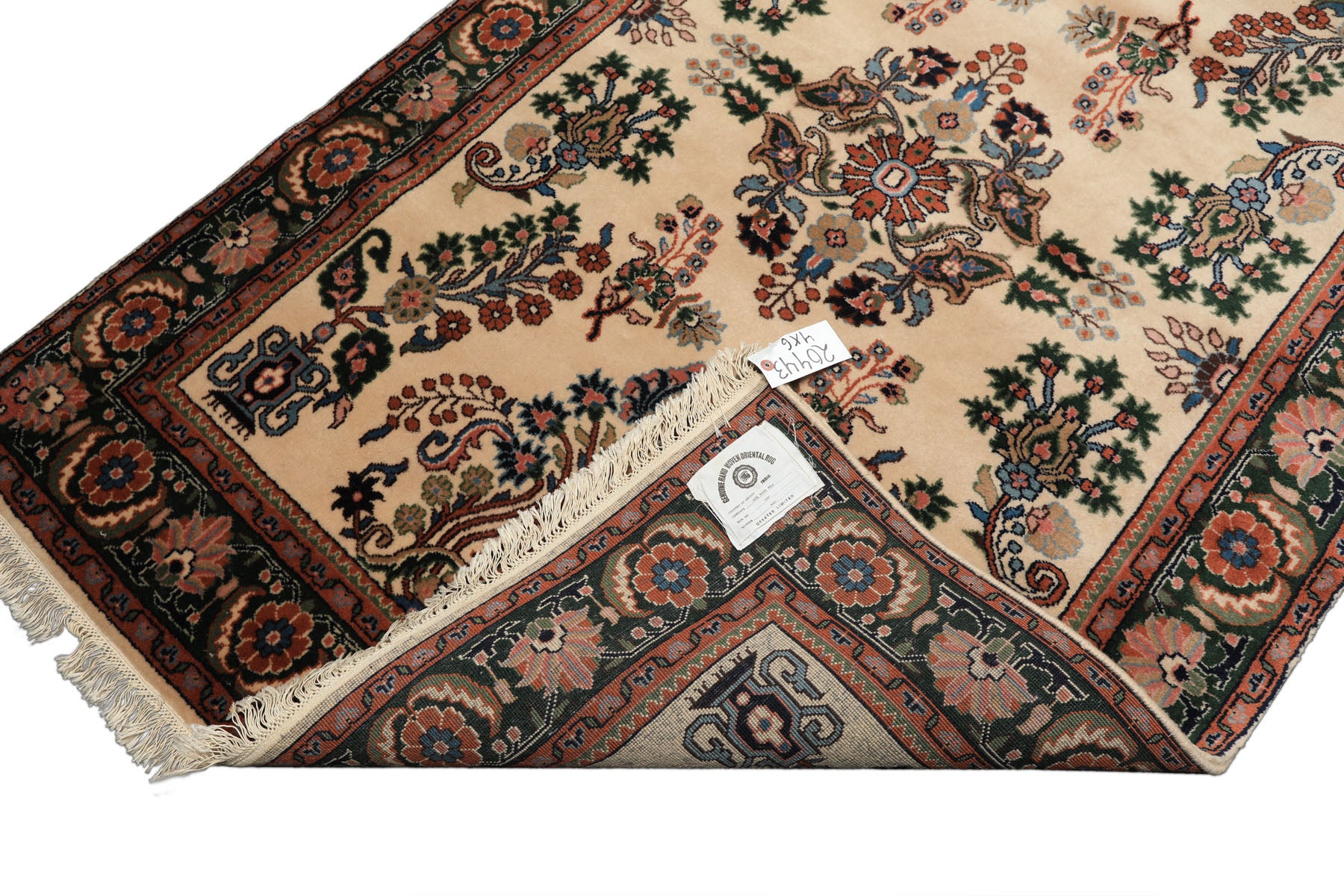 4x6 Ivory, Green, Rose Color Hand Knotted Indo Sarouk New Zealand Wool Traditional Oriental Rug