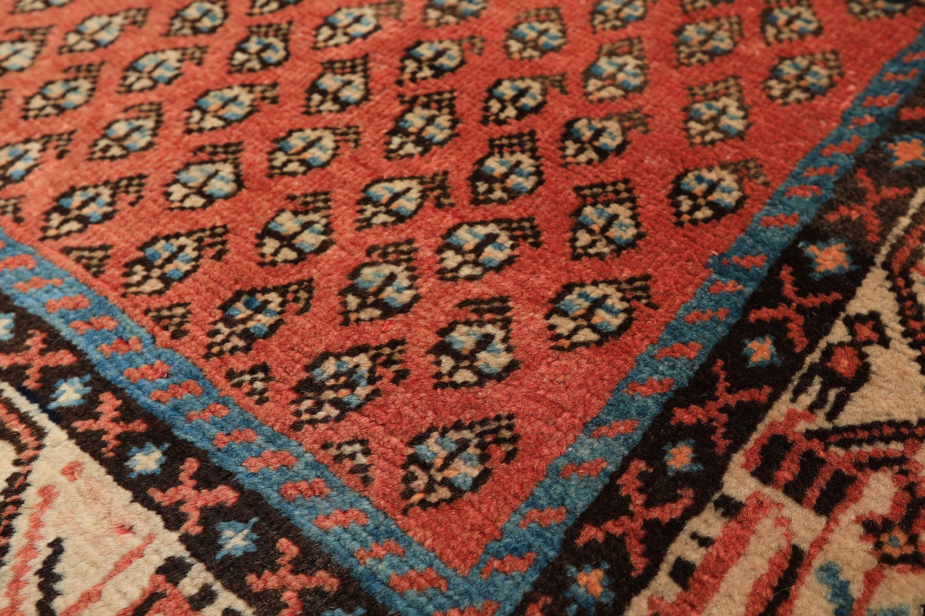 Runner Rust, Ivory, Blue Color Hand Knotted Gul Wool Traditional Oriental Rug
