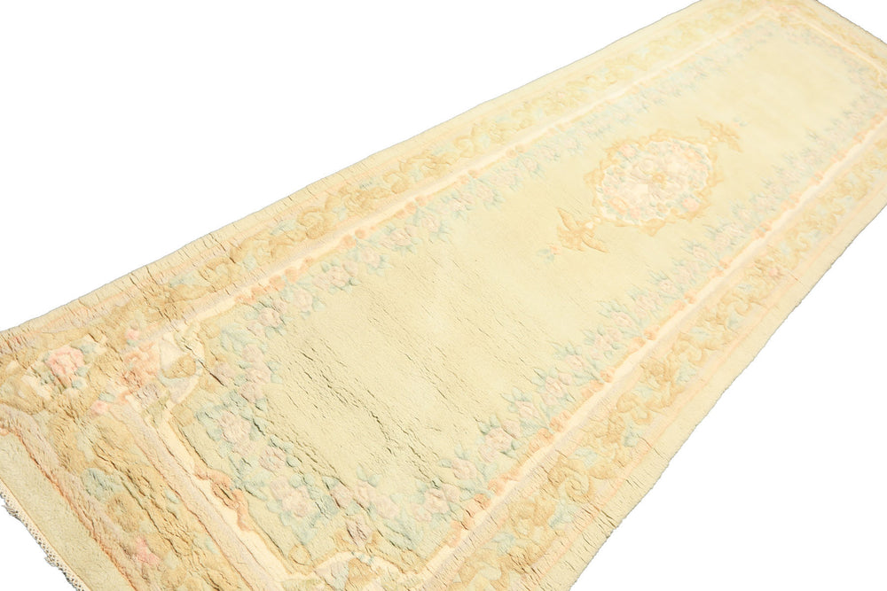 Runner Faded Mint, Aqua, Blush Color Hand Knotted French Aubusson Savonnerie Wool Traditional Oriental Rug