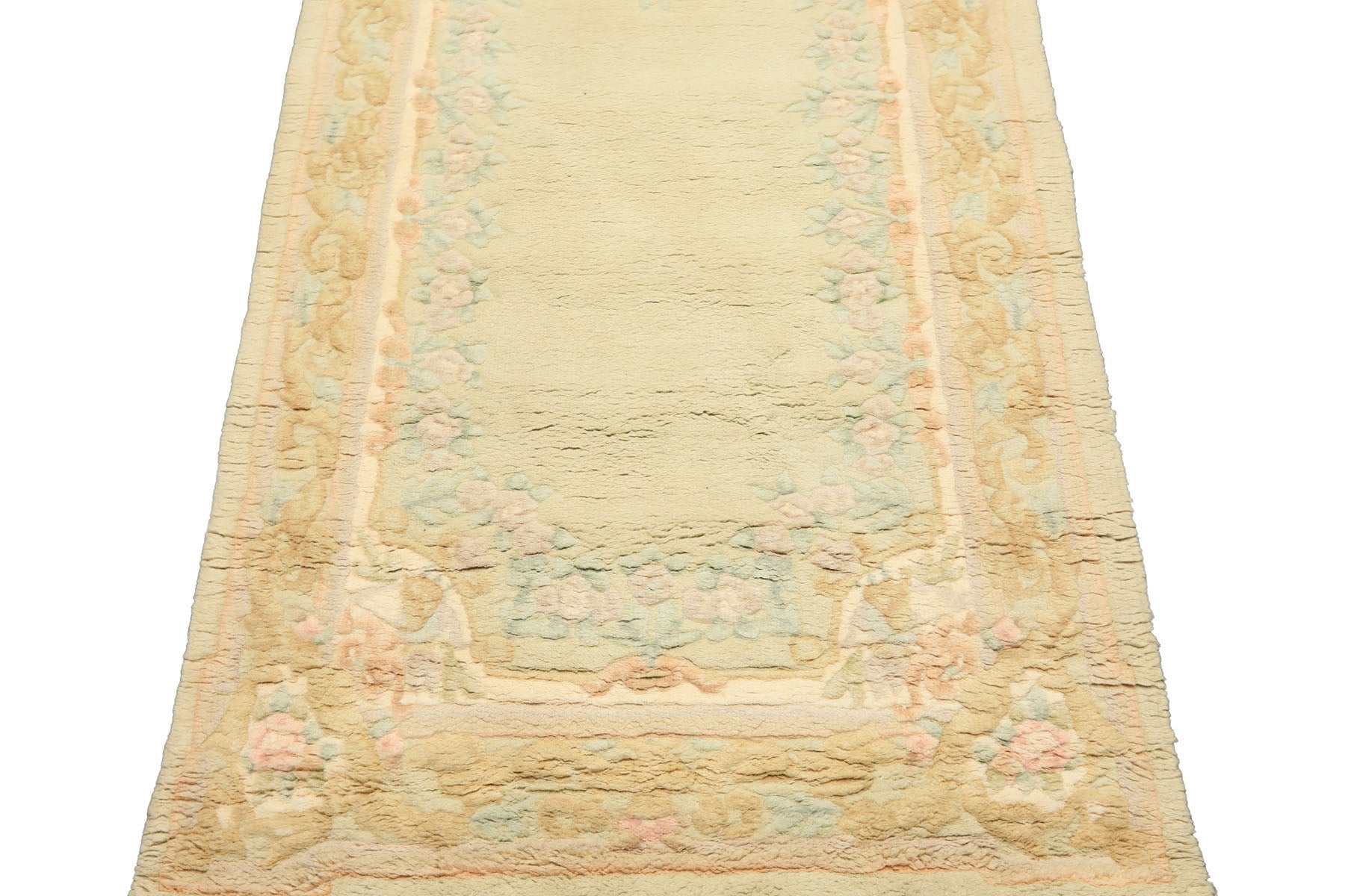 Runner Faded Mint, Aqua, Blush Color Hand Knotted French Aubusson Savonnerie Wool Traditional Oriental Rug