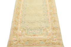 Runner Faded Mint, Aqua, Blush Color Hand Knotted French Aubusson Savonnerie Wool Traditional Oriental Rug