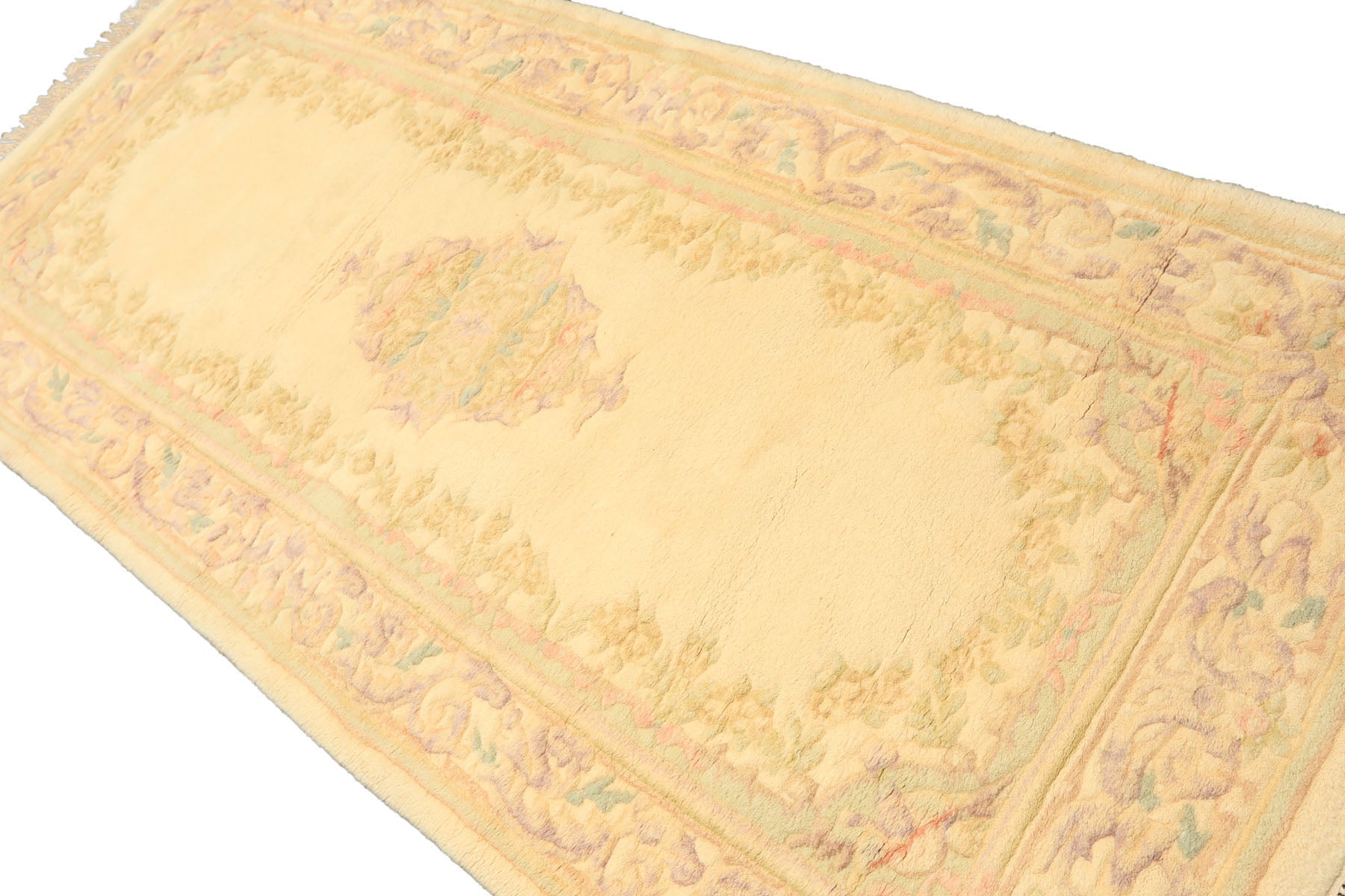 Runner Ivory, Mint, Lavender Color Hand Knotted French Aubusson Savonnerie Wool Traditional Oriental Rug
