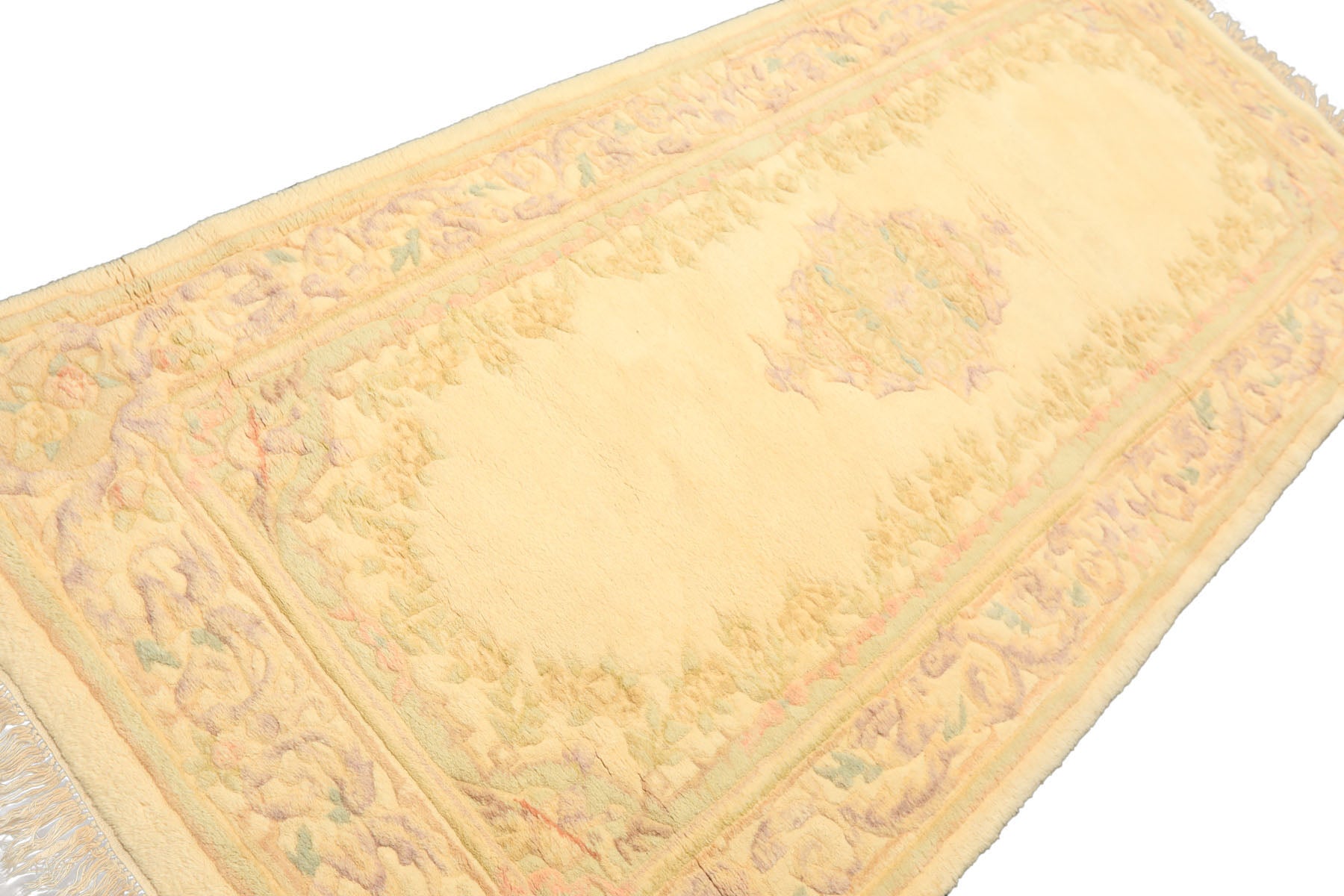 Runner Ivory, Mint, Lavender Color Hand Knotted French Aubusson Savonnerie Wool Traditional Oriental Rug