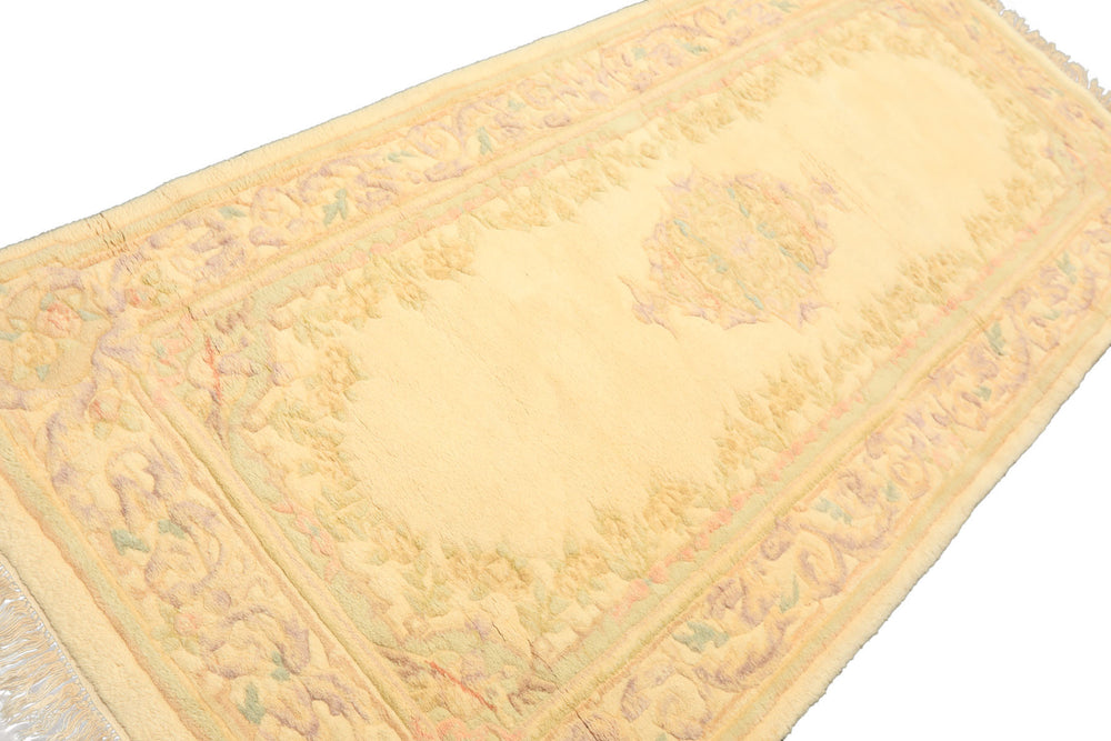 Runner Ivory, Mint, Lavender Color Hand Knotted French Aubusson Savonnerie Wool Traditional Oriental Rug