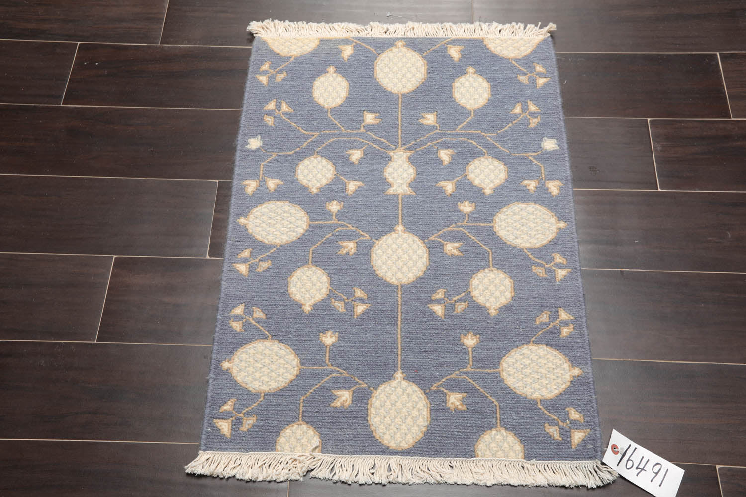 2x3 Blue, Ivory, Tan Color Hand Knotted Soumak 100% Wool Transitional Oriental Rug