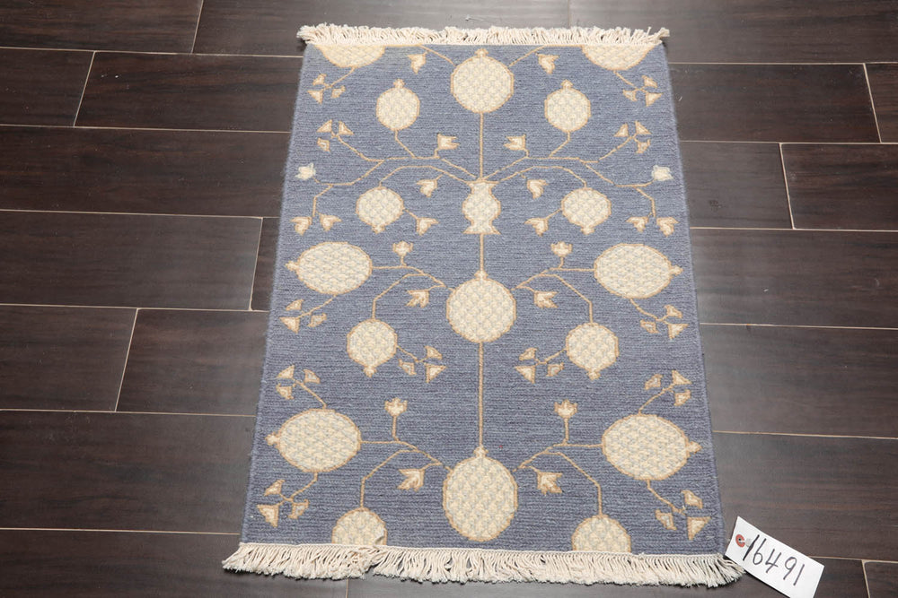 2x3 Blue, Ivory, Tan Color Hand Knotted Soumak 100% Wool Transitional Oriental Rug