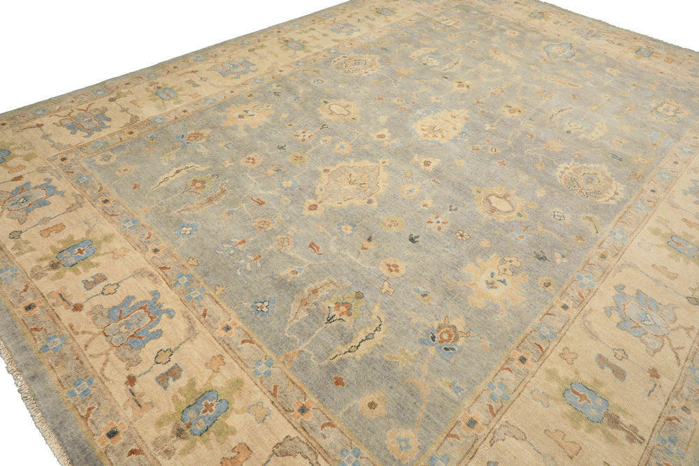 10x14 Gray, Beige, Turquoise Color Hand Knotted Oushak Wool Traditional Oriental Rug