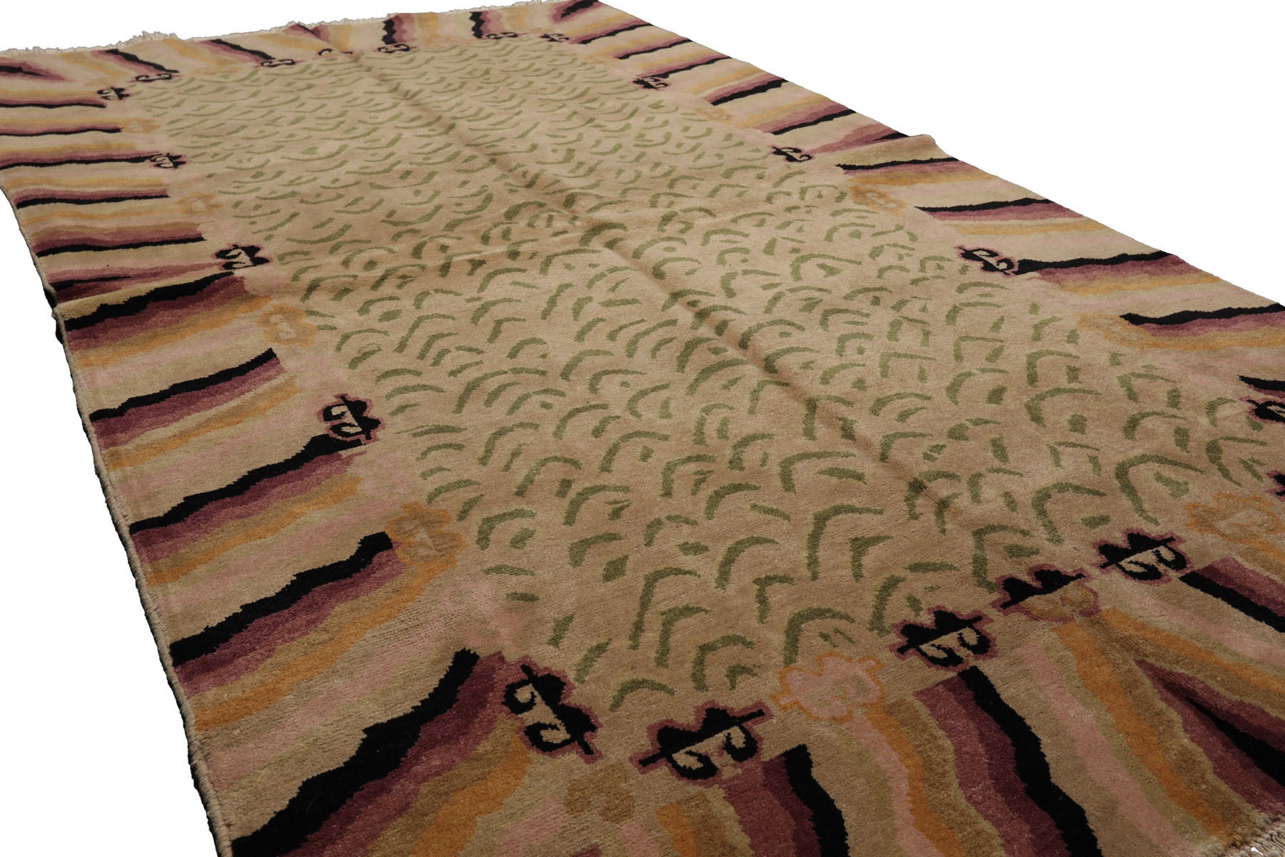 Knotted Rug Beige Sage Hand Knotted 3'11''x7' Michaelian and Kohlberg Modern Contemporary Tibetan 100% Wool Oriental Area Rug