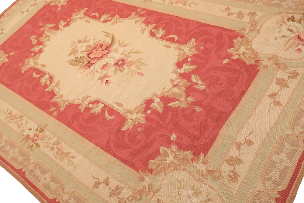 6x9 Fuschsia, Beige, Mint Color Hand Knotted French Aubusson Needlepoint Wool Traditional Oriental Rug