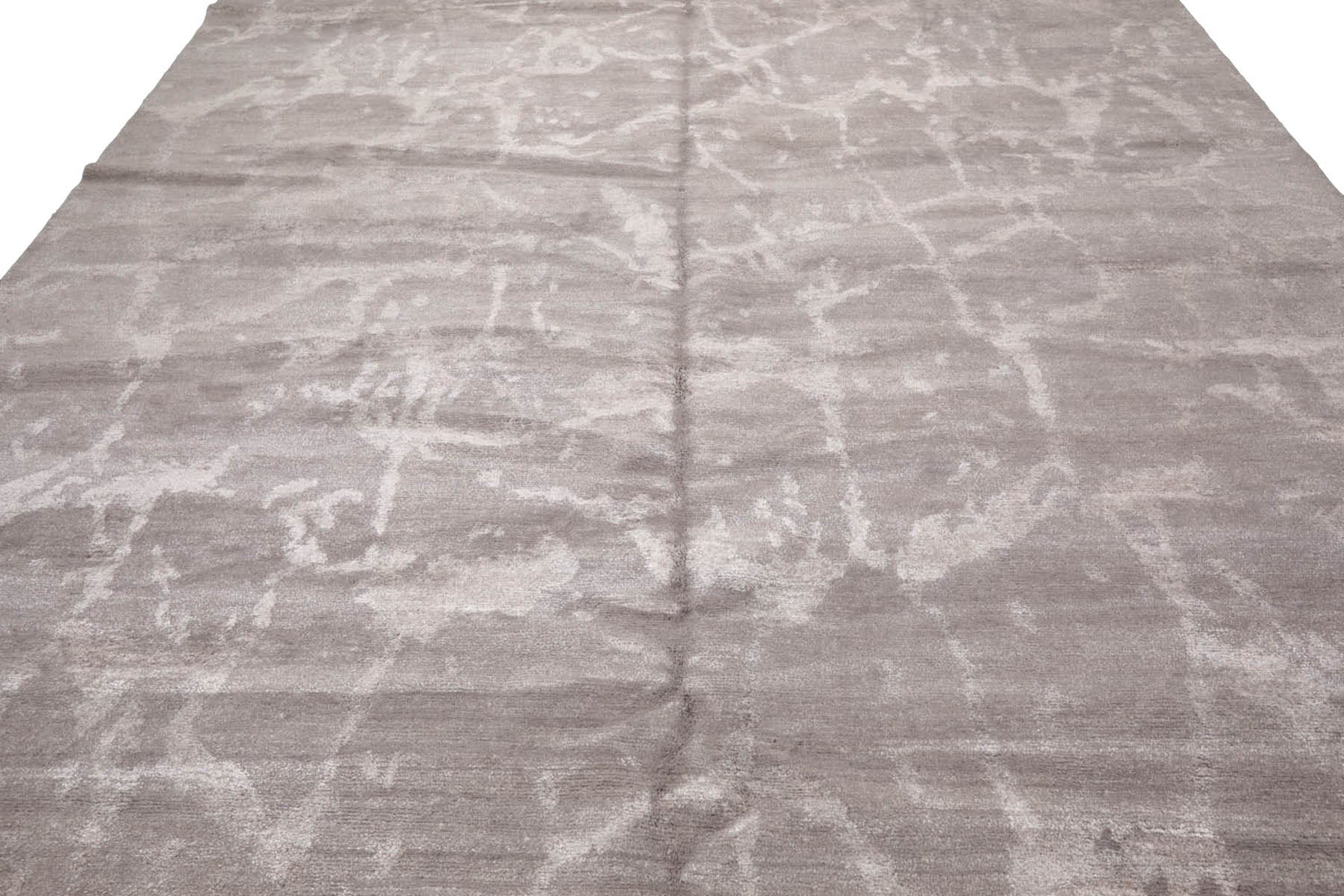Knotted Rug Tone on Tone Taupe Hand Knotted 10'x14' Tibetan Modern Contemporary Wool and Silk Oriental Area Rug
