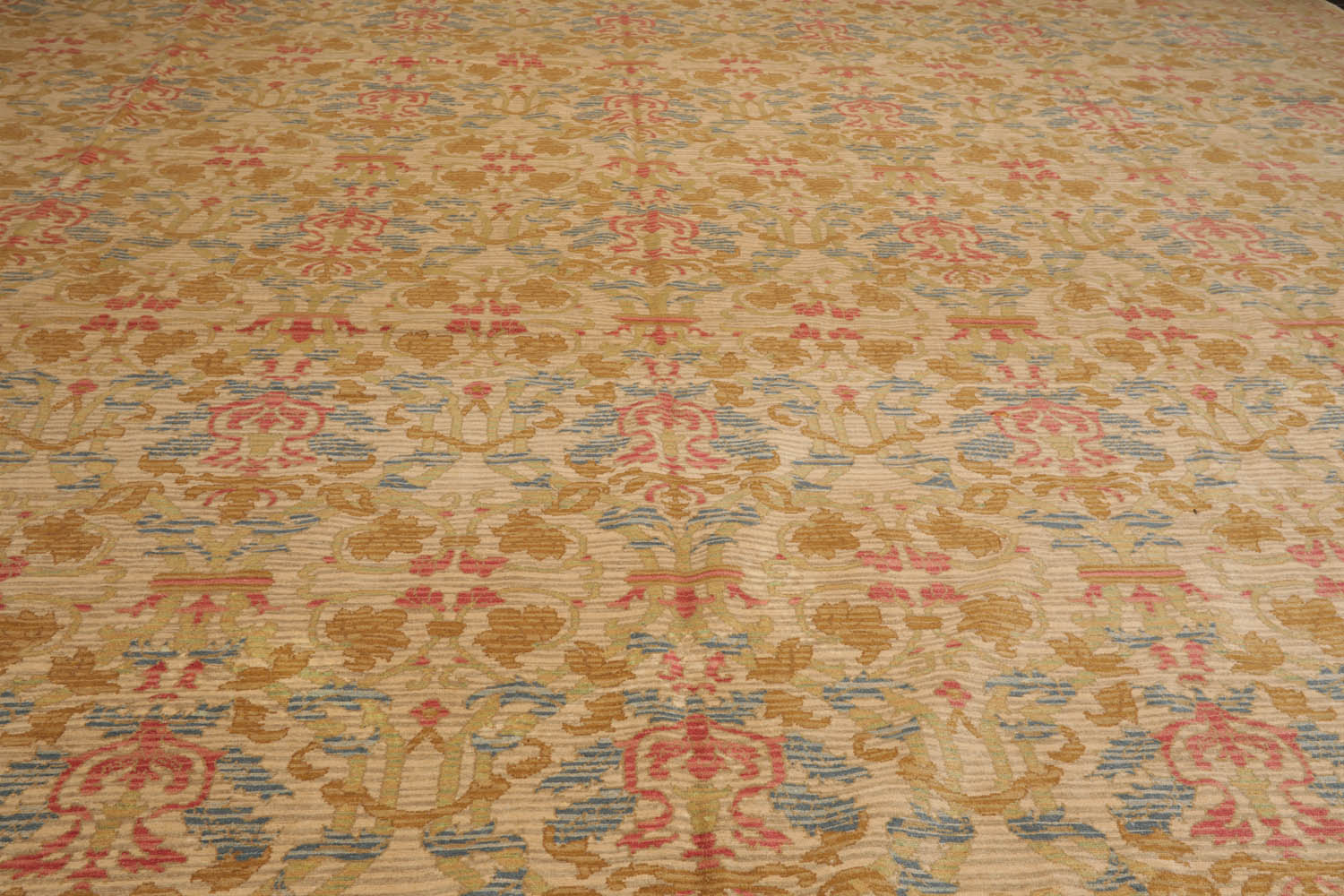Palace Beige, Blue, Rose Color Hand Knotted  100% Wool Transitional Oriental Rug