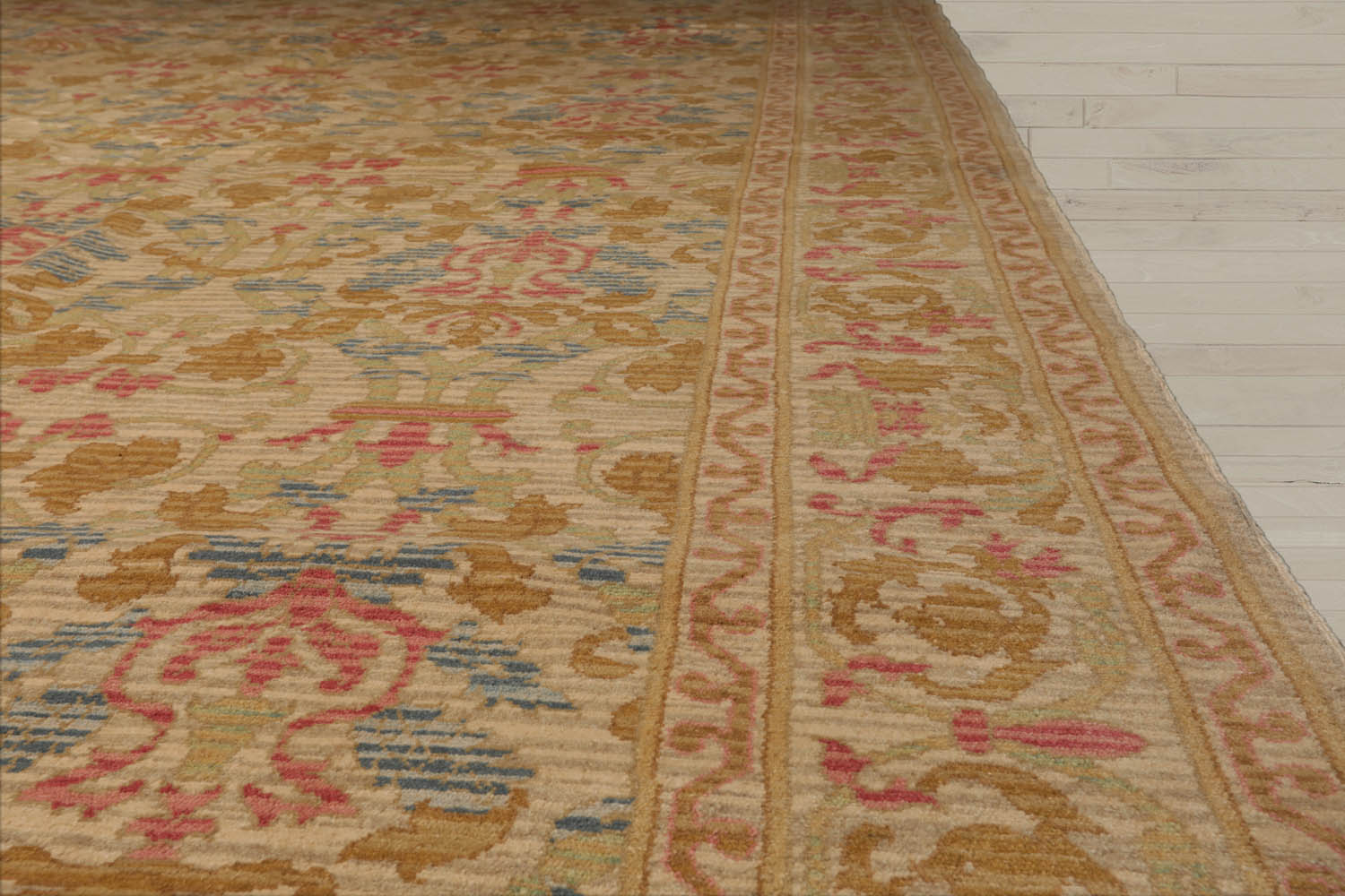 Palace Beige, Blue, Rose Color Hand Knotted  100% Wool Transitional Oriental Rug