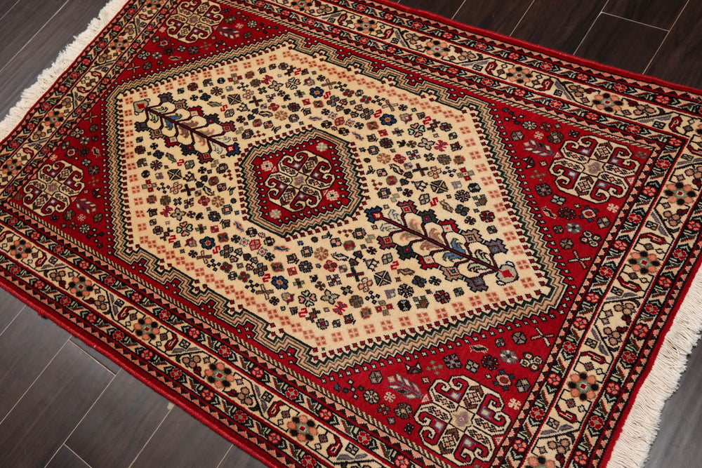 3x5 Ivory, Red, Aqua Color Hand Knotted Abadeh 100% Wool Traditional Oriental Rug