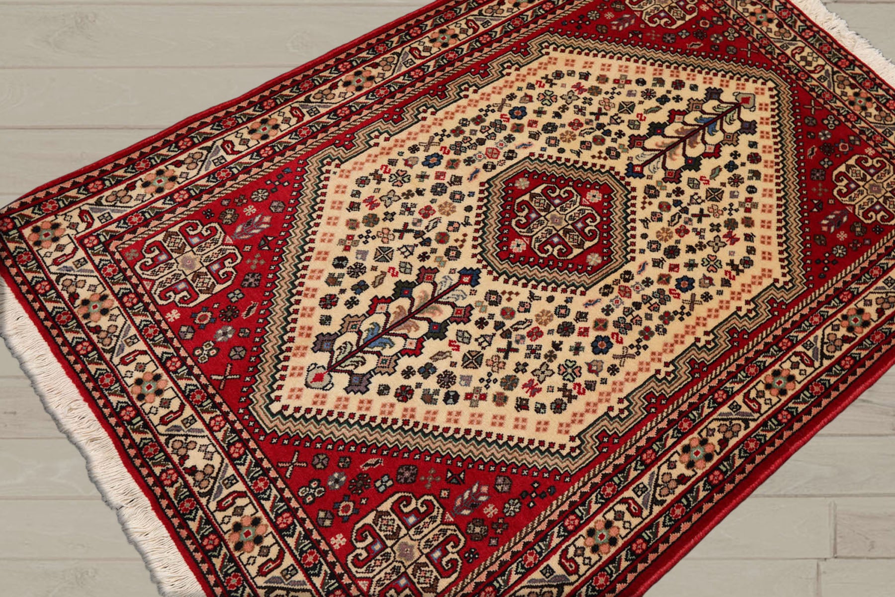 3x5 Ivory, Red, Aqua Color Hand Knotted Abadeh 100% Wool Traditional Oriental Rug