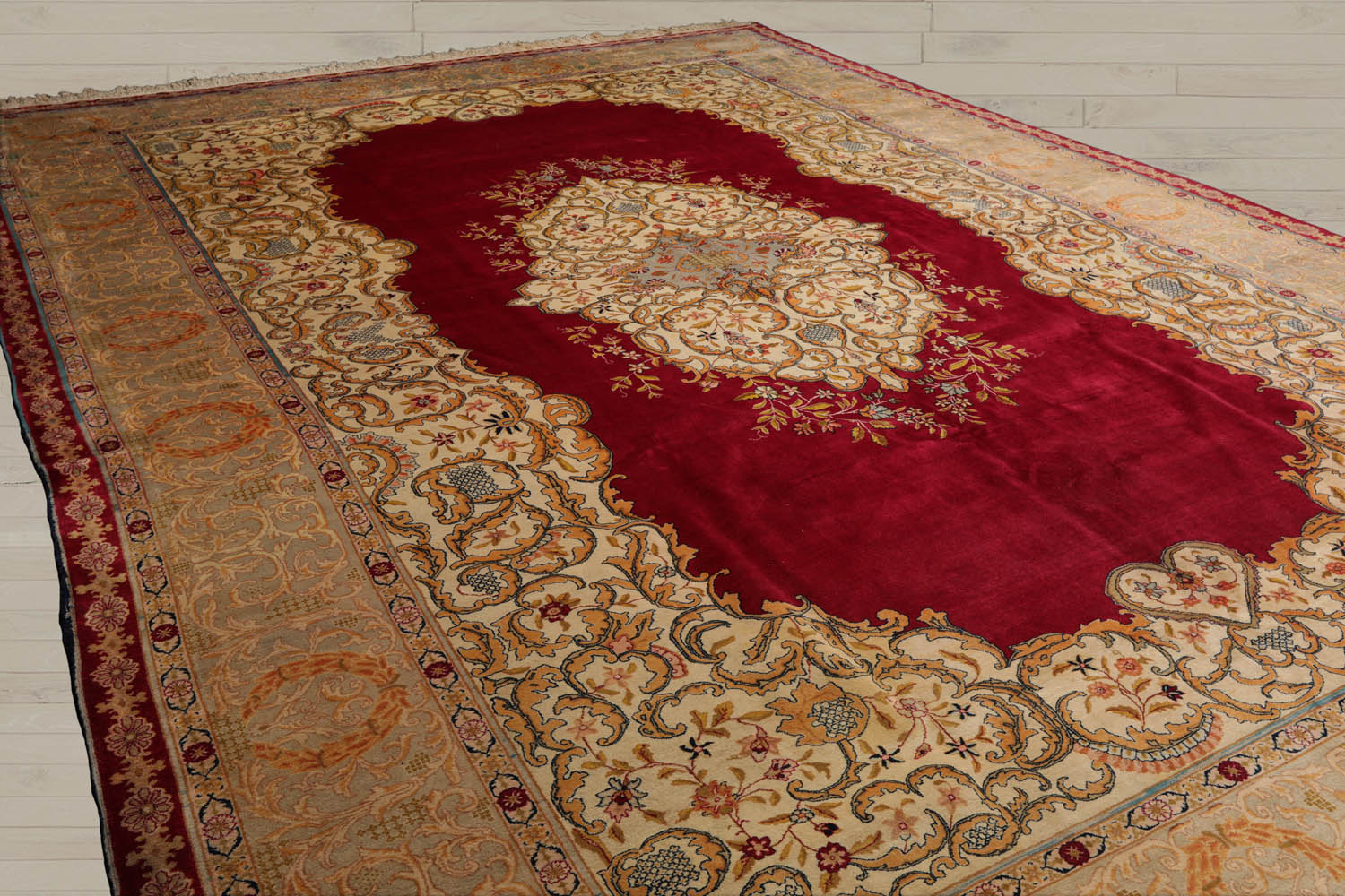 Palace Burgundy, Beige, Moss Color Hand Knotted Tabriz 100% Wool Traditional Oriental Rug
