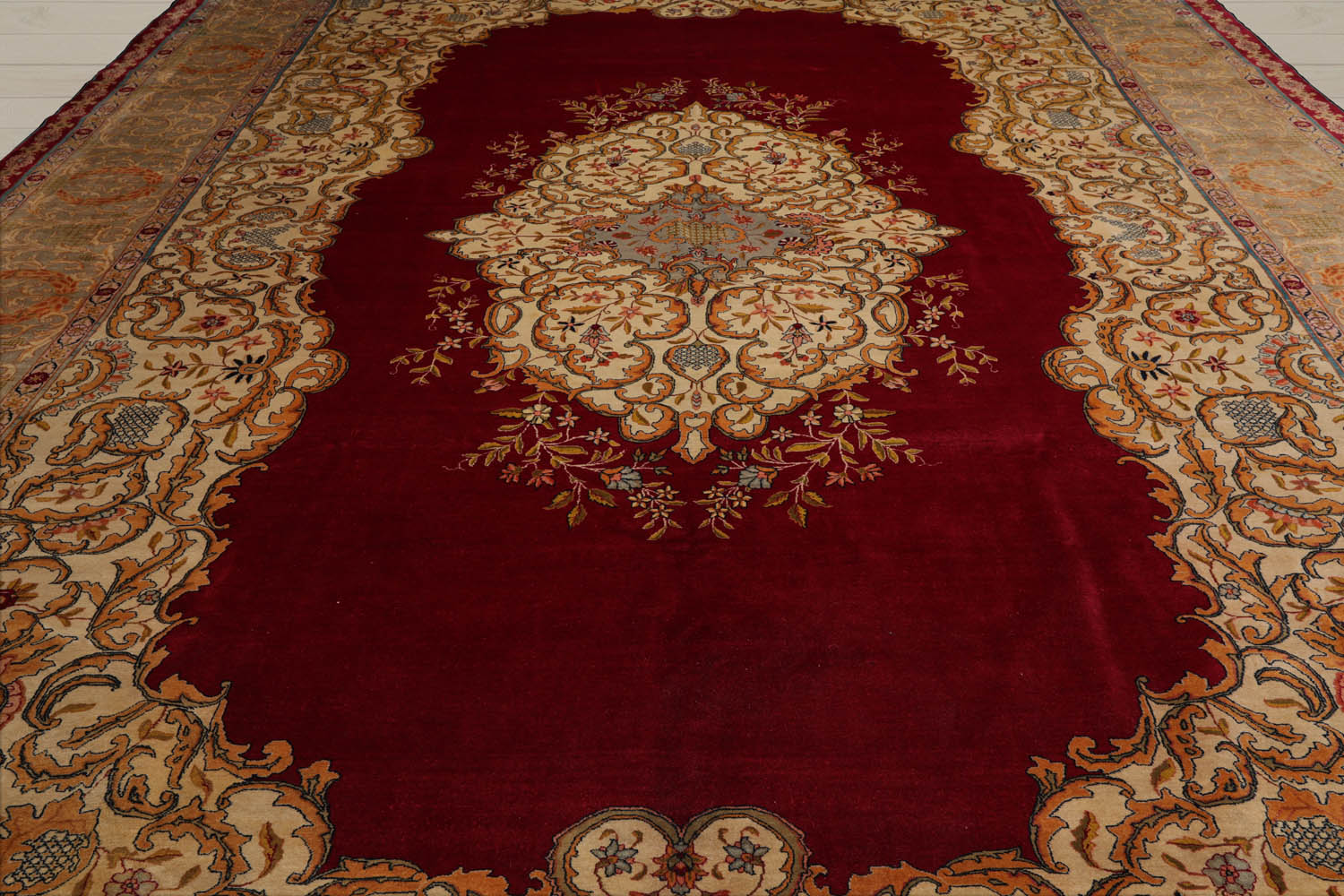 Palace Burgundy, Beige, Moss Color Hand Knotted Tabriz 100% Wool Traditional Oriental Rug