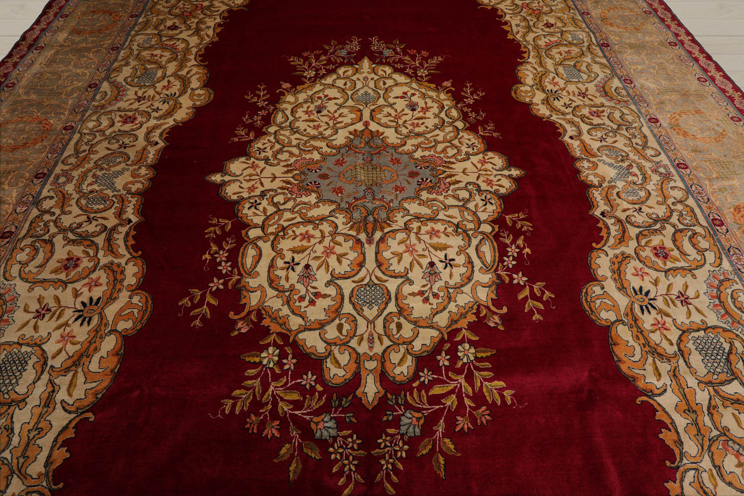 Palace Burgundy, Beige, Moss Color Hand Knotted Tabriz 100% Wool Traditional Oriental Rug