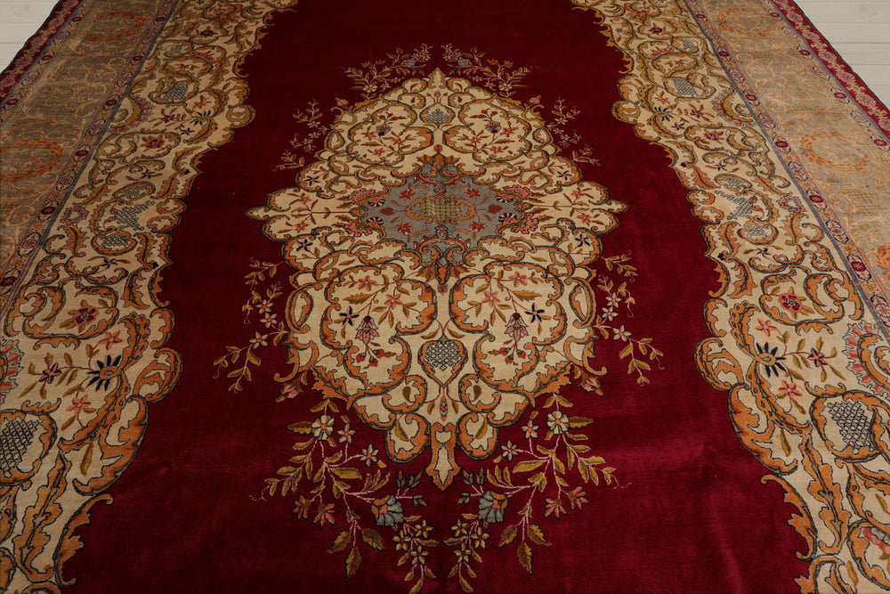 Palace Burgundy, Beige, Moss Color Hand Knotted Tabriz 100% Wool Traditional Oriental Rug